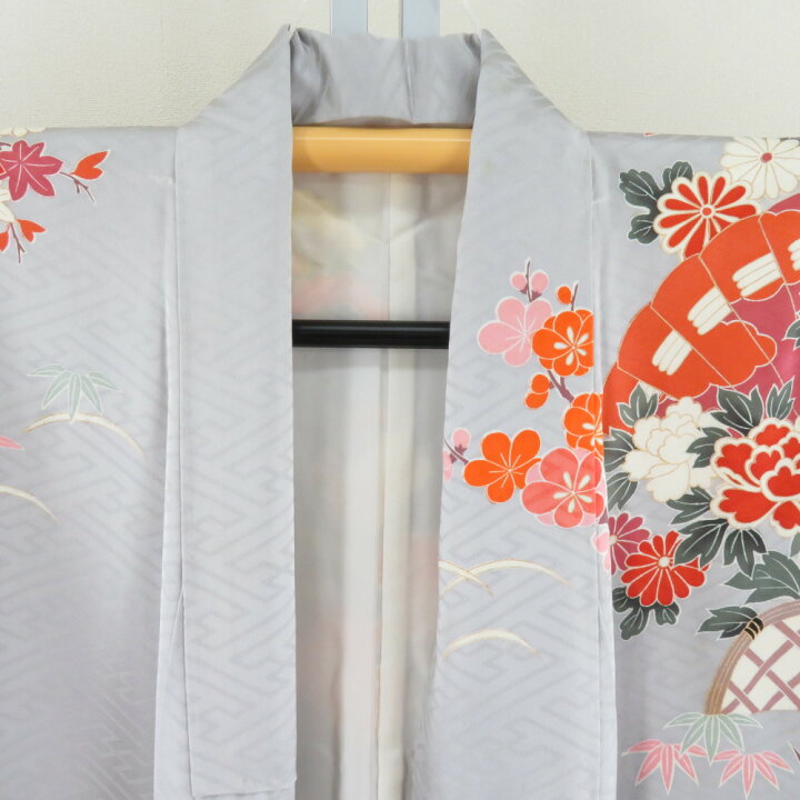 楽天市場】振袖 正絹 灰色x朱色 箔入り 花々に御所車紋様 袷 広衿 
