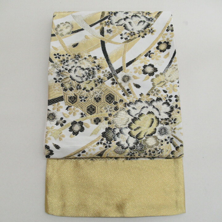 楽天市場】袋帯 振袖用 正絹 桜に亀甲紋様 白xゴールドx黒 金糸 六通  