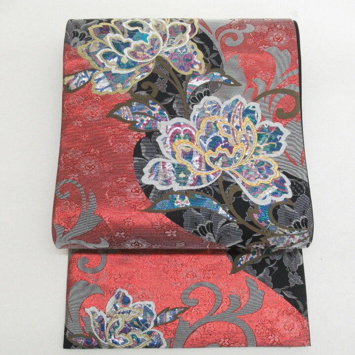 楽天市場】袋帯 振袖用 正絹 バルセロナの華 草花模様 赤x黒x多色  