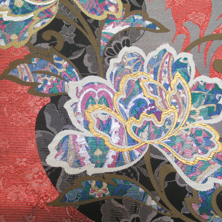 楽天市場】袋帯 振袖用 正絹 バルセロナの華 草花模様 赤x黒x多色 