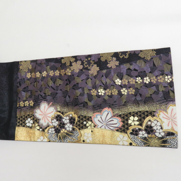 楽天市場】袋帯 振袖用 正絹 桜紋様 黒x紫金 金糸銀糸 ラメ糸 六通柄 