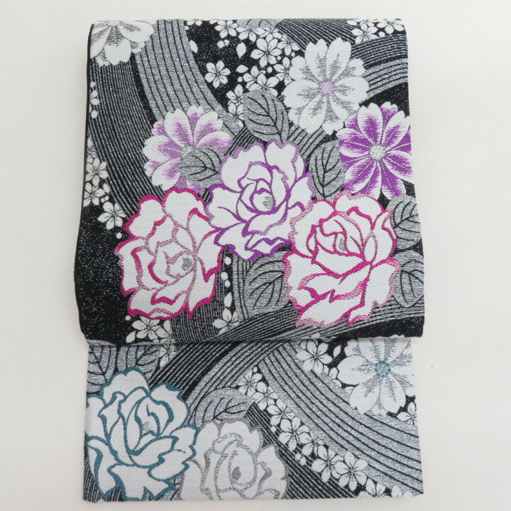 楽天市場】袋帯 振袖用 正絹 波に花々模様 黒x白x紫xターコイズ  