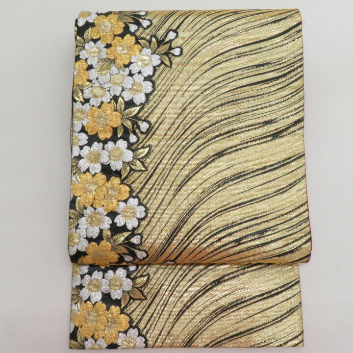 楽天市場】袋帯 振袖用 絹 波に桜紋様 ゴールドxブラックxホワイト  