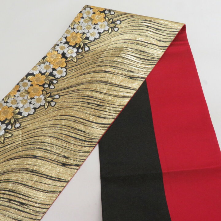 楽天市場】袋帯 振袖用 絹 波に桜紋様 ゴールドxブラックxホワイト  
