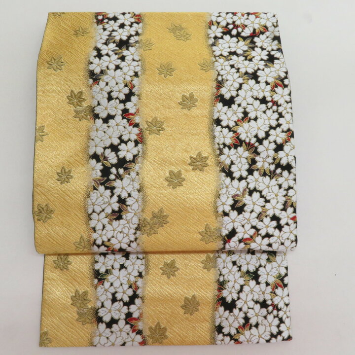 楽天市場】袋帯 振袖用 絹 桜に紅葉紋様 ゴールドxブラック 金糸銀糸  