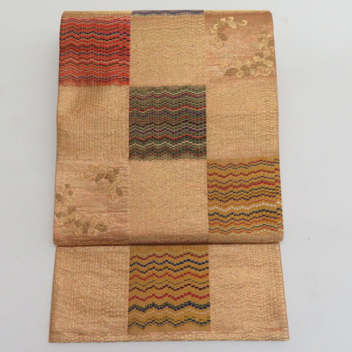 楽天市場】袋帯 市松紋様 金糸 ゴールドxオレンジ色 六通柄 正絹  