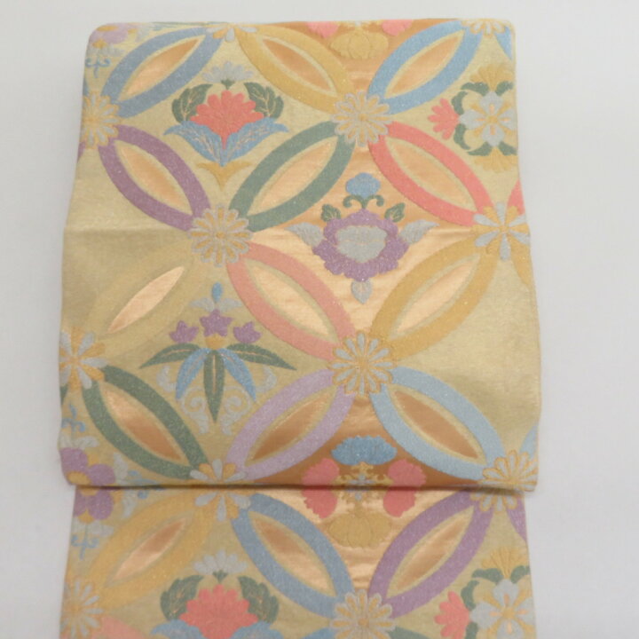 楽天市場】袋帯 七宝紋様 金糸 パステル系 ゴールド色x多色 六通柄  