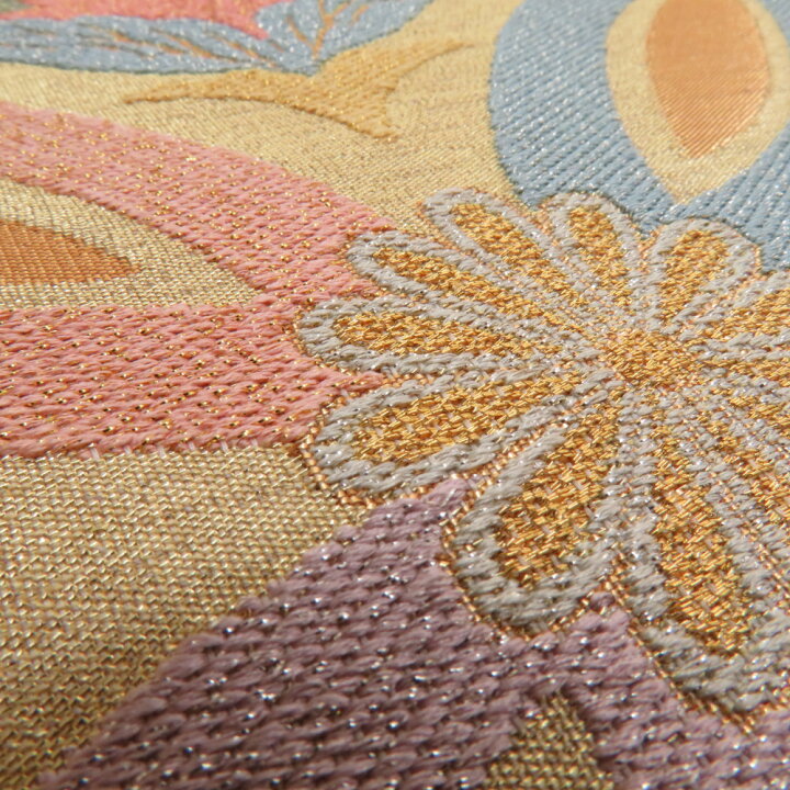 楽天市場】袋帯 七宝紋様 金糸 パステル系 ゴールド色x多色 六通柄  