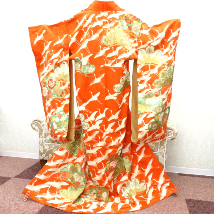 楽天市場】振袖 襦袢付き アンティーク着物 昔 袷 正絹 広衿 オレンジ 