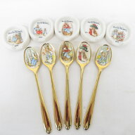 カトラリー 【希少】ピーターラビット ティースプーン＆スプーンレスト 5客セット ゴールド 陶器 金彩 絵…