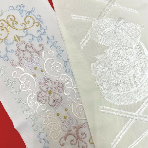 刺繍半衿 2枚セット オフホワイト 花 プレゼントボックス ポリエステル 半襟 振袖 礼装 成人式 卒業式 和装小物 日本製 新品