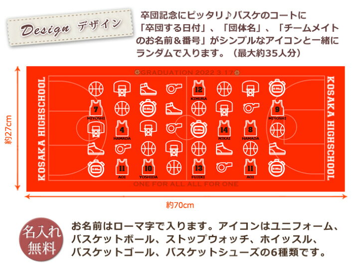 楽天市場 バスケチーム 卒団記念品 卒部記念品 10枚以上購入で1枚2750円 お名前 背番号 日付 団体名入り アイコンデザイン 今治製プチフェイスタオル 名入れ 名前入り 27x70cm 日本製 今治 タオル 名入れ無料 プレゼント 男子 女子 卒団式 記念品 ココロコ 出産