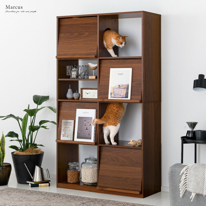 楽天市場 キャットタワー 収納棚 キャビネット 猫 ラック 収納ラック ペット リビング 収納 フラット扉 おしゃれ かわいい 北欧 シンプル モダン 木製 キャットウォーク 本棚 キャットタワーラック Marcus マーカス インテリアショップ ココテリア