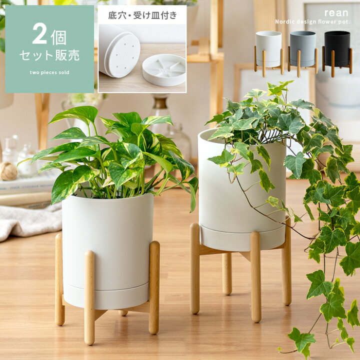 楽天市場 プランター 鉢 おしゃれ フラワーポット 植木鉢 観葉植物 受け皿一体型 鉢植え 鉢 室内 ガーデニング インテリア 円形 丸型 木脚 脚付き 北欧 ホワイト グレー ブラック フラワーポット Rean レアン 2個セット販売 インテリアショップ ココテリア