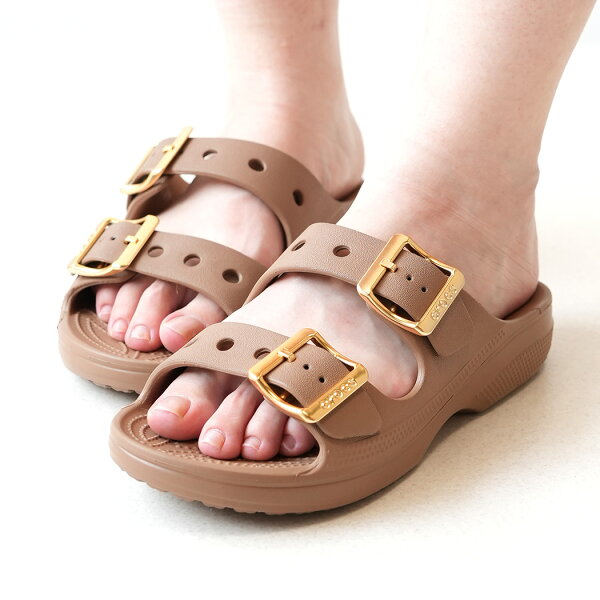 crocs SATURDAY METALLIC BUCKLE SANDAL W SEPIA クロックス 厚底 サタデー メタリック バックル サンダル ( ベージュ 茶色 レディース SLIDE スライド ウィメンズ 213316-2EY )