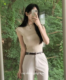 ブニ ハーフネックキャップスリーブサマーニット ノースリーブ セーター レディース｜韓国 secon'de secon｜コーディブック