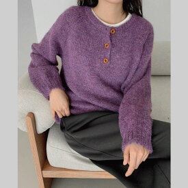 ソデパッチラウンドボタンニット ニット セーター レディース｜韓国 Qnigirls｜コーディブック