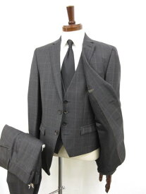極美品【ヒューゴボス HUGO BOSS】 ウール100% シングル2ボタン 3ピーススーツ (メンズ) size48 ダークグレー グレンチェック柄□33RMS9820　【中古】