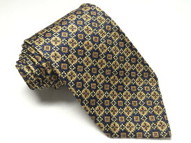 超美品 【FRANCO BASSI フランコバッシ】 幾何学模様 織柄 シルク 絹 ネクタイ (メンズ) イエロー×ネイビー×オレンジ 伊製 ◯27KSM1801【中古】