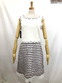 ほぼ未使用【ルネ Rene】6122090 チェック柄リボン×チュール ノースリーブニットワンピース (レディース) size38 ホワイト系 ◇17LN5951◇　【中古】