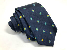美品【FRANCO BASSI フランコバッシ】素敵な小花刺繍柄♪ シルク ネクタイ (メンズ) 濃いめのネイビー×イエロー系 伊製 ◇17MM8632◇　【中古】