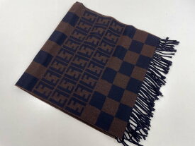 【フェンディ FENDI】 ウール100％ フリンジストール マフラー (メンズ) ネイビー×ブラウン ストライプ×ズッカ柄 イタリア製 ◇33ME7947【中古】