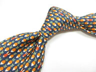 超美品 【エルメス HERMES】 5197 IA うさぎ＆にんじん柄♪ シルクネクタイ (メンズ) ネイビー×オレンジ…