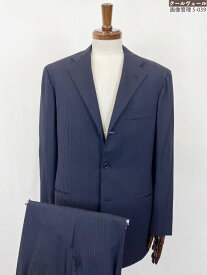 美品【キートン Kiton】 ウール100% ストライプ柄 3ボタン段返り 春秋 スーツセットアップ（メンズ）48 ネイビー イタリア製◎40MSB1281◎　【中古】