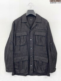 ほぼ未使用【ブリオーニ Brioni】カシミヤシルクリネン混ウール サファリシャツジャケット(メンズ) M 千鳥 ブラウン×ブラック◎11HRB0145　【中古】