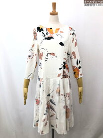 超美品【Harrods ハロッズ】ボタニカルプリント柄 チュール2枚仕立て 七分袖 フレアワンピース (レディース) アイボリー系 ◇17LO3765◇　【中古】