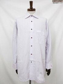 【ブリオーニ Brioni】ダブルカフス マイクロ格子柄 ワイドカラー 長袖シャツ (メンズ) size42 ホワイト×パープル系 ◎35MKB0907◎【中古】