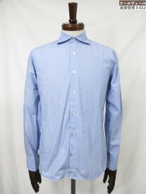 【ラルディーニ LARDINI】コットン100％ ワイドカラー 長袖シャツ (メンズ) size38/15 ライトブルー 織柄 JPALVARO イタリア製 ◎33MKB1166【中古】