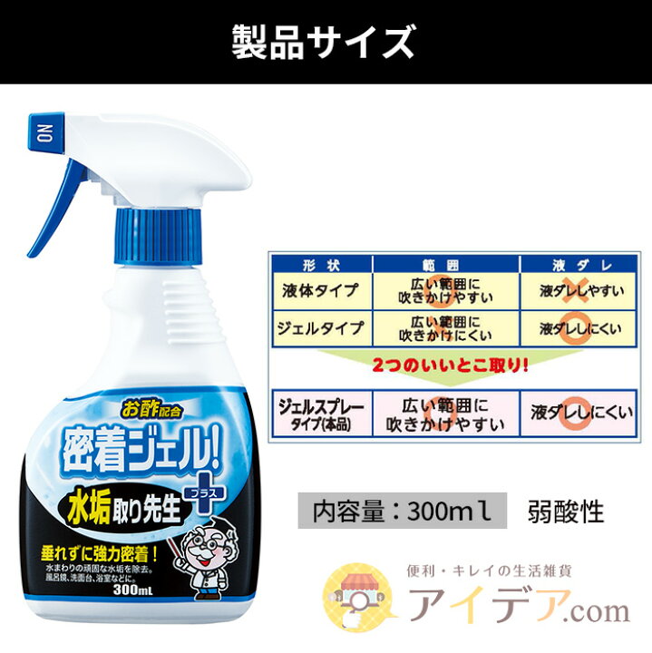 楽天市場 水垢落とし 水垢取り 掃除 洗剤 密着ジェル 300ml お酢の力 弱酸性 タイル 浴槽 浴室 洗面台 鏡 シンク 溶かす 簡単 楽々 水垢 取り先生プラス 日本製 コジット アイデア Com
