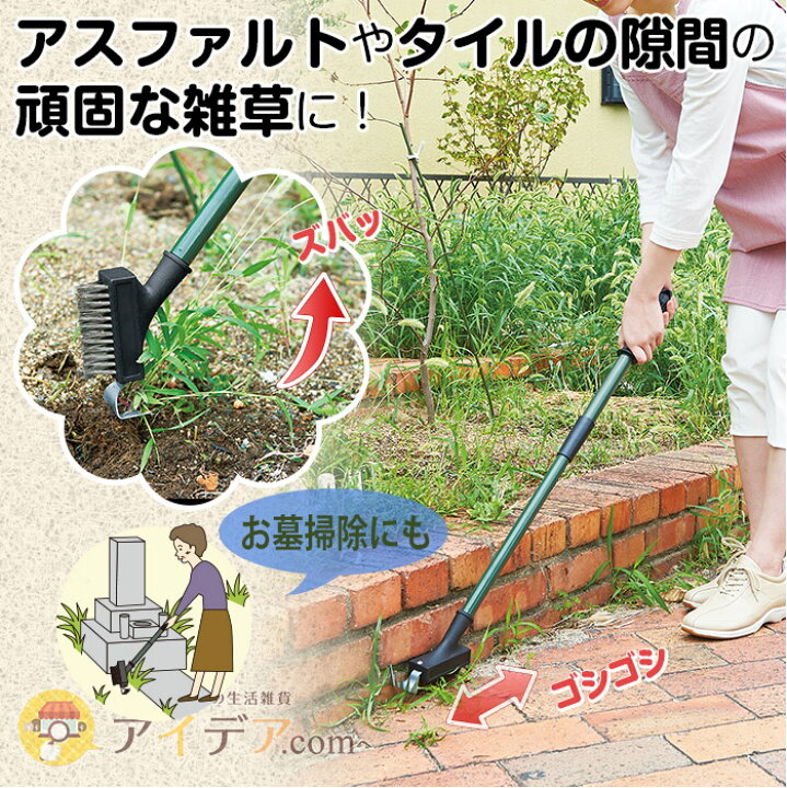 楽天市場 アスファルトやタイルの隙間の頑固な雑草に 楽チン２way除草ブラシ コジット ブラシで擦って鋤刃で引き抜きお掃除楽チン 庭掃除 雑草 ガーデニング 畑仕事 お墓掃除 コケ取り 園芸 玄関 庭 在宅 外出自粛 C アイデア Com