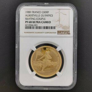 FRANCE フランス 500フラン 金貨 1989 アルベールビル五輪 『フィギュアスケート』 スラブ入り NGC PF 68 ULTRA CAMEO