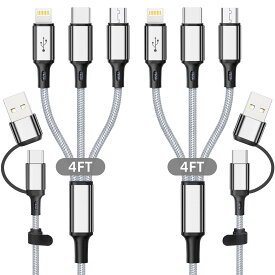 ランキング受賞！ 6 in 1 マルチ充電ケーブル 2個セット 4FT 複数充電コード、USB A/C から Phone USB C Micro USB Lightning コネクタ ナイロン編み充電コード iPhone 15/15 Pro など対応 グレー