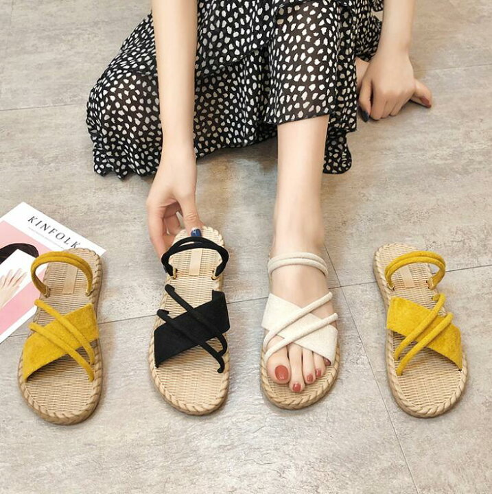 楽天市場 サンダル レディース ストラップ サンダル フラット ジュート風サンダル 2way ジュートサンダル ローヒール トレンド ナチュラル 大人 シンプル 無地 ゴムバンド 歩きやすい 軽量 夏 3色 22 5cm 25 0cm コラボファッション