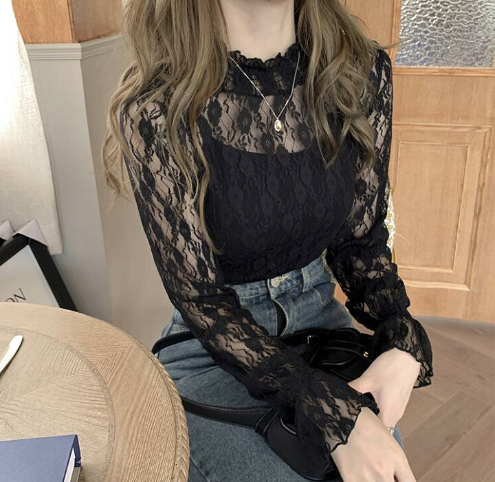 楽天市場 あす楽 レース トップス レース ブラウス 長袖 総レース 立ち襟 シースルー シャツ ブラウス ハイネック 花柄 レディース 韓国 ファッション コラボファッション
