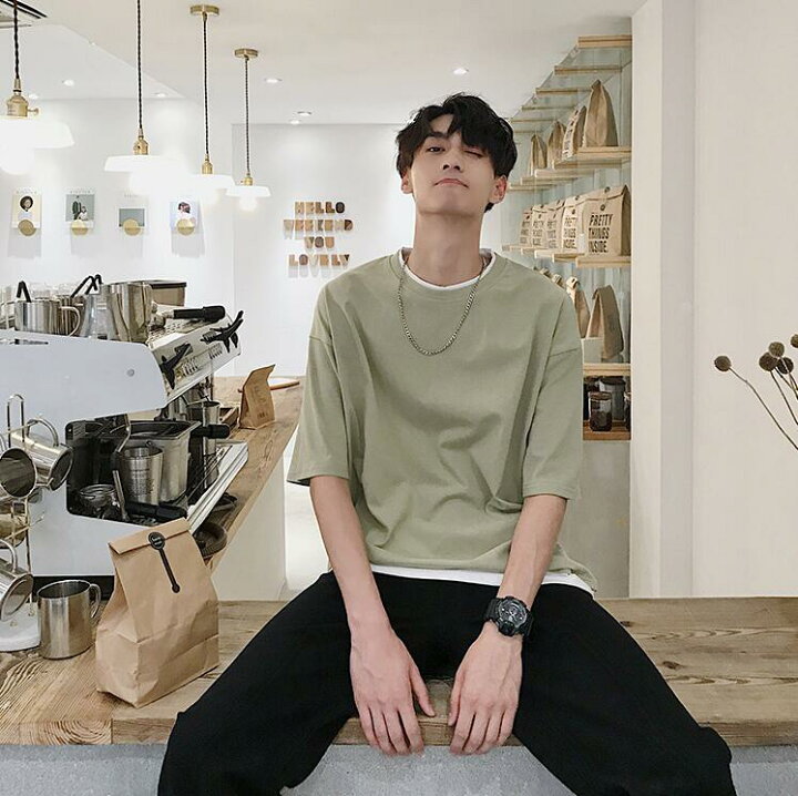 楽天市場 韓国ファッション メンズ Tシャツ ビッグシルエット レイヤード 半袖 無地 おしゃれ ビッグtシャツ コットン 韓国服 テレワーク おうち コーデ ピスタチオカラー ロング丈 ゆったり Tシャツ 無地 春 夏 コラボファッション
