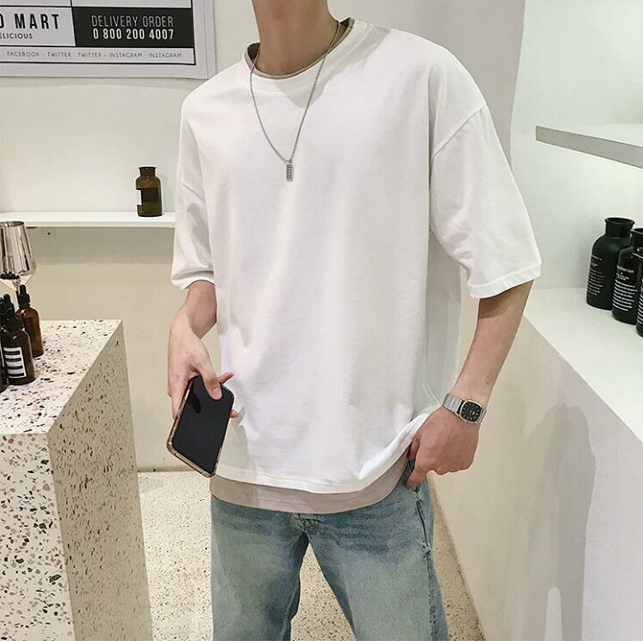 楽天市場 韓国ファッション メンズ Tシャツ ビッグシルエット レイヤード 半袖 無地 おしゃれ ビッグtシャツ コットン 韓国服 テレワーク おうちコーデ ピスタチオカラー ロング丈 ゆったり Tシャツ 無地 春 夏 コラボファッション