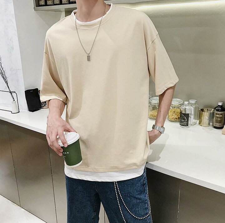 楽天市場 韓国ファッション メンズ Tシャツ ビッグシルエット レイヤード 半袖 無地 おしゃれ ビッグtシャツ コットン 韓国服 テレワーク おうちコーデ ピスタチオカラー ロング丈 ゆったり Tシャツ 無地 春 夏 コラボファッション