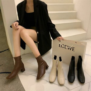 ソックスブーツ ショートブーツ ストレッチ 太ヒール レディース チャンキーヒール ミドル丈 スクエアトゥ ショートブーツ ハイヒール ビール5cm ストレッチ 黒 レディース 疲れにくい レ