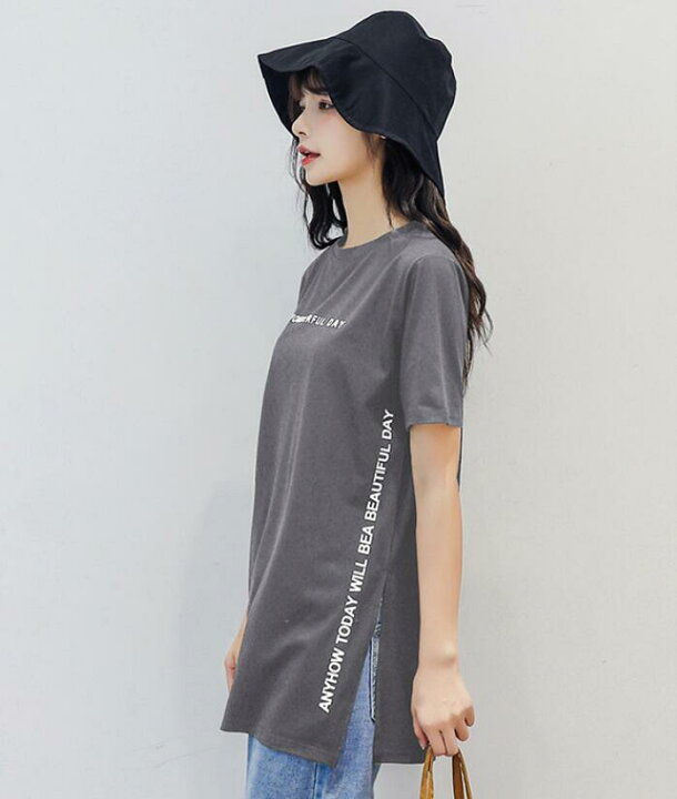 楽天市場 Tシャツ レディース 半袖 オーバーサイズ Tシャツワンピース トップス 大きいサイズ 体型カバー ゆったり カバーアップ ロゴ 速乾 ロング 綿 スリット セクシー 薄手 夏 カジュアル コラボファッション