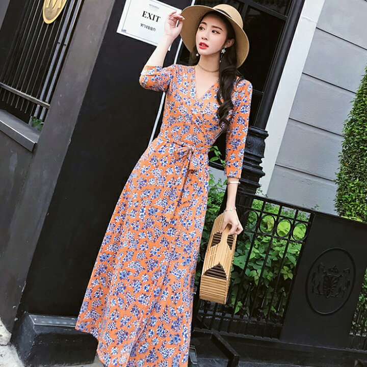 楽天市場 ロングワンピース フォーマル 春 夏 ラップワンピース マキシ丈ワンピース 花柄 七分袖 長袖 カシュクール ワンピース マキシ リゾート ロングドレス キャバ パーティードレス 大人 上品 きれいめ セクシー 結婚式 二次会 コラボファッション