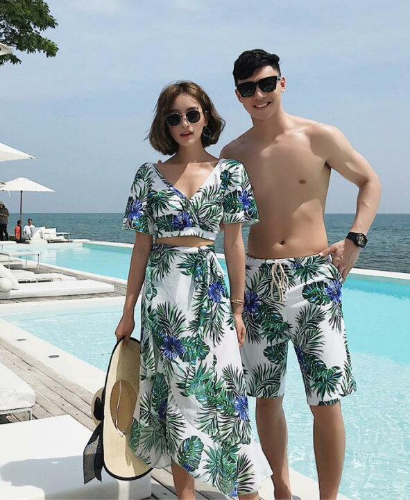 楽天市場 ペア水着 ペアルック カップル水着おそろい お揃い 水着 カップル ペアルック レディース メンズ カップル水着 ペア水着 大きいサイズ スカート フリル サーフパンツ 4点セット コラボファッション