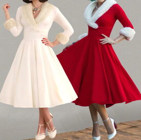 一部即納！クリスマス サンタ 重ね着 ふわふわ Aライン サンタ服 パーティー ハイウエスト サンタクロース コスプレ衣装 ワンピース Vネック フリル レディース長袖 サンタコスプレ コスチューム 赤 レッド 仮装 切り替え
