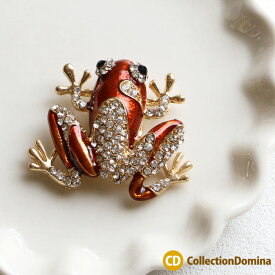 マグネットブローチ 磁石 カエル かえる 蛙 アニマルモチーフ 動物モチーフ ラインストーン オレンジ ゴールド レディース アクセサリー 雑貨 小物