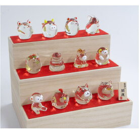 手作りガラス 招福開運 金箔入り ガラスの福福十二支 飾り棚セット お正月飾り 迎春 お部屋インテリア 干支飾り 運気アップ