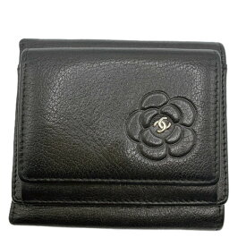 シャネル 財布 三つ折 CHANEL コンパクト財布 カメリア ラムスキン 13番台 ブラック ABランク 中古