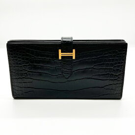 エルメス ベアンスフレ アリゲーターマット ダークブラウン 二つ折り 長財布 ゴールド金具 HERMES ABランク 中古